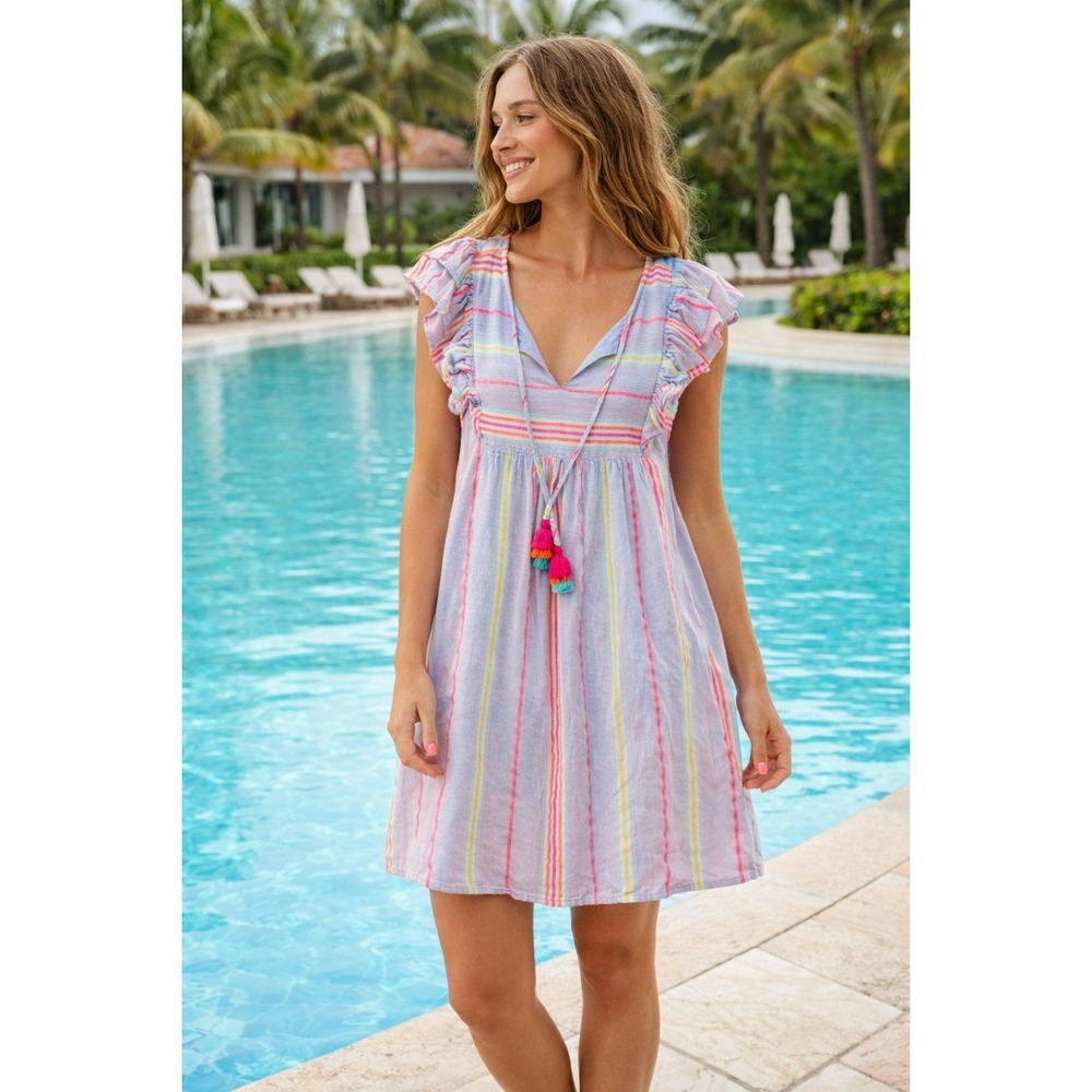 Vineyard Vines Lilac Stripe Ruffle Tassel V-Neck Mini Dress / Cover-up pockets